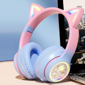 Wireless Headset Noise Canceling Stereo HiFi Headphones Over Ear Lighting Cat Ears Earphones Ultra Long Playtime Headset black