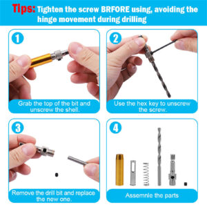 7Pcs Self Centering Drill Bit Set, Center Drill Bit Set With Hex Wrench, 2 Side Holes, Automatic Positioning Center Drill Sleeve, Woodworking Drill Bit Kit Set 7pc colorful hinge drill