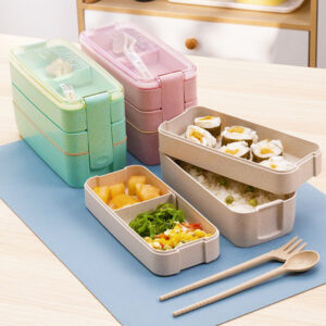 Stackable Bento Box 3 Layer Lunch Box With Fork And Spoon 3 Grid Design Detachable Compartment Tray Rectangular Lunch Box Kit For Boys Girls Children 3 layers - green (900ml)