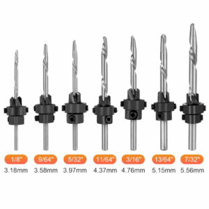 7Pcs Countersink Drill Bit Set, Heat-treated Steel, 1/8 Inch, 9/64 Inch, 5/32 Inch, 11/64 Inch, 3/16 Inch, 13/64 Inch, 7/32 Inch Chamfered Adjustable Drilling Tool Kit For Woodworking 7pcs with wrench