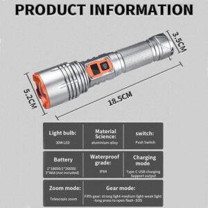 30W LED Flashlight, Battery Powered, Rechargeable, Adjustable Focus, 5 Light Modes, Zoomable, IPX4 Waterproof 1500 Lumen Super Bright Flashlight﻿ No batteries included