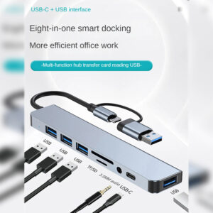 8 In 1 USB C Hub Multiport USB 3.0 Expander With Cable Portable Data Adapter Card Reader For Laptop PC Printer Flash Drive grey