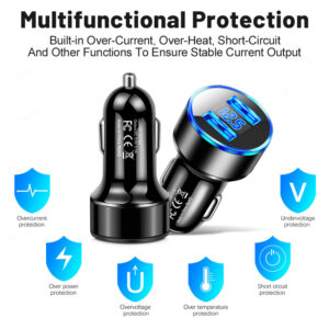 Car Charger Dual Port USB Fast Charging Adapter For Mobile Phones Tablets LED Display Circuit Protection 12V/24V Universal For Most Vehicles gold