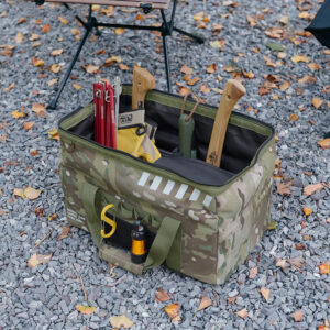 Outdoor Camping Tent Bag Camping Storage Bag Outdoor Utility Tote Bag Camping Cookware Organizer With Built-in Removable Hard PP Divider And Front Storage Bag Strap Sand color