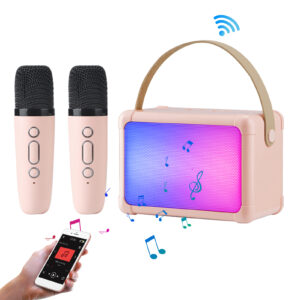 H2 Karaoke Machine With Microphones Cool RGB Lighting Portable Speaker Studio Speaker AUX TF Card Player For Party Meeting Dual microphone pink