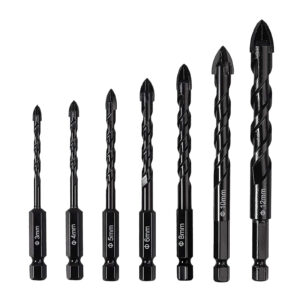 Concrete Drill Bit, 7Pcs Masonry Drill Bit Set With U-shaped Groove, 1/4 Hexagonal Handle, Cross Shaped Tip Design, High Hardness Metal Tile Drill Bit 3-12 seven black cross